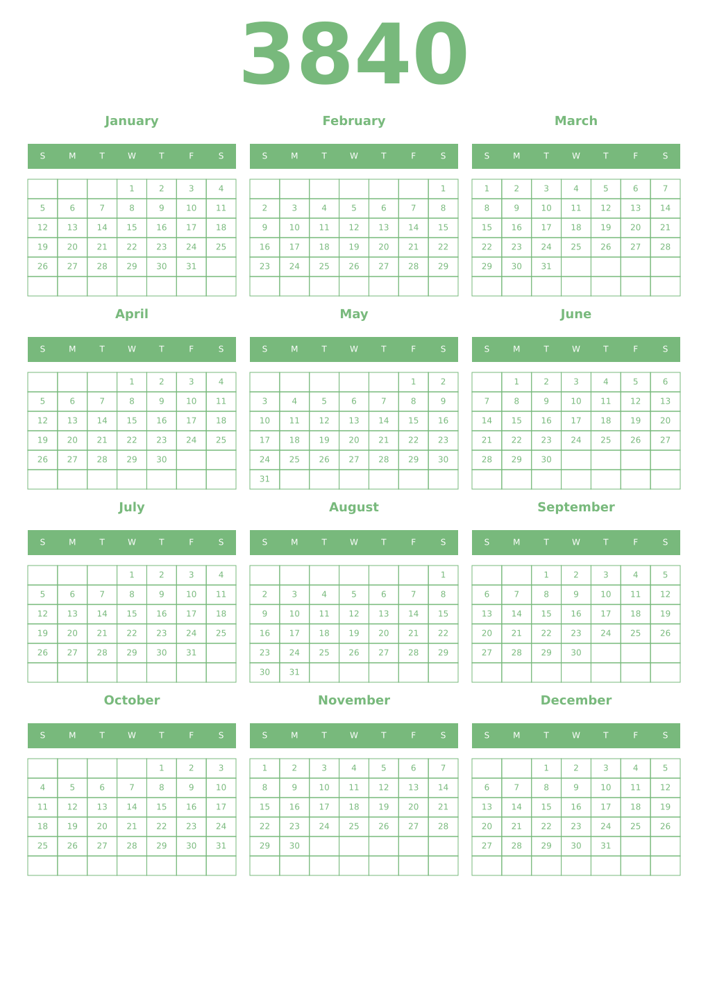 Printable 3840 Year Calendars celadon