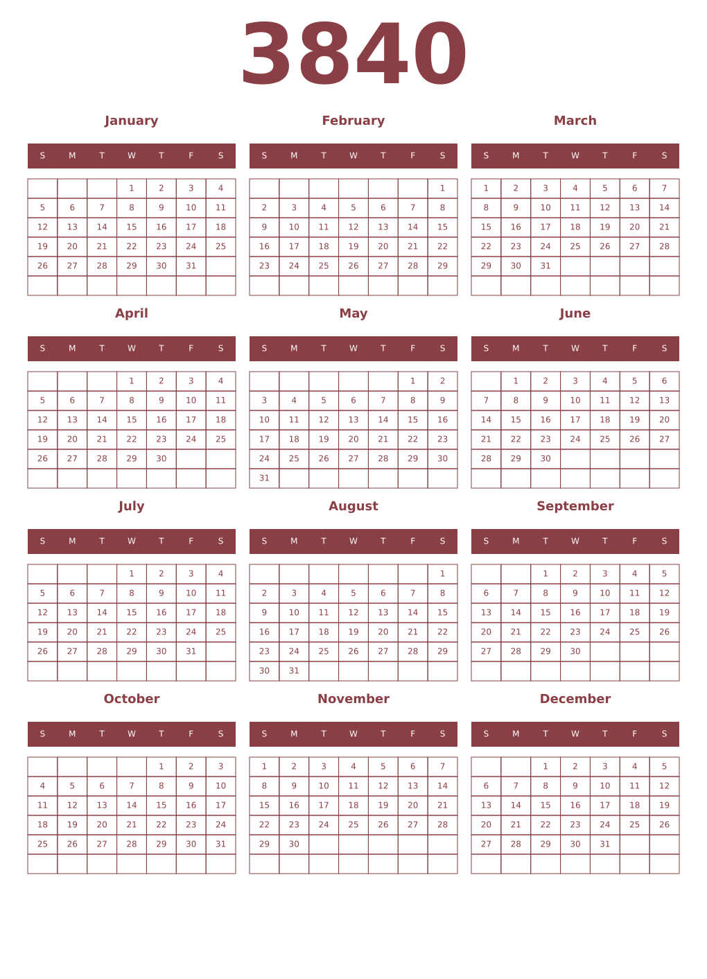 Printable 3840 Year Calendars cordovan