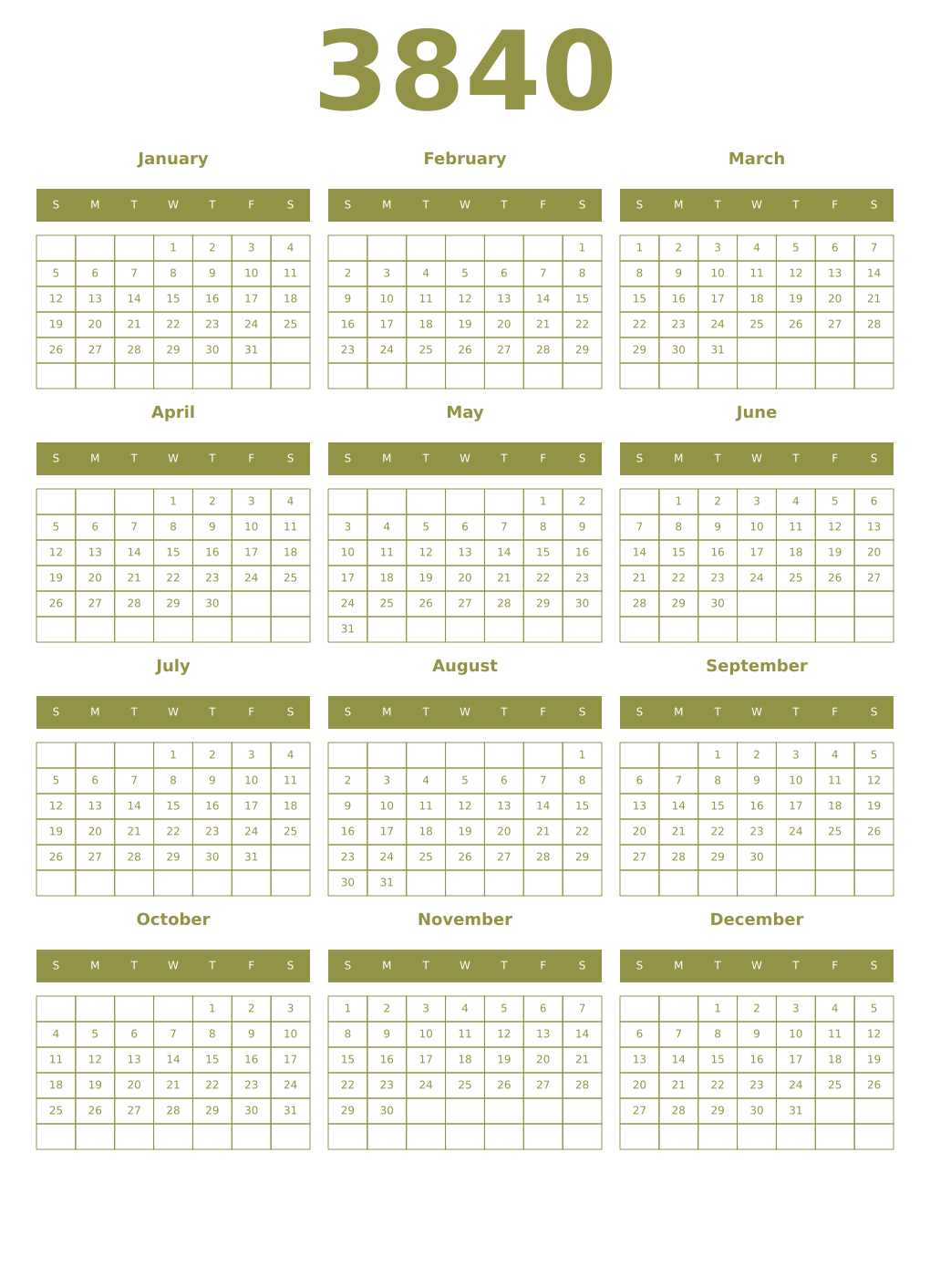 Printable 3840 Year Calendars eburnean