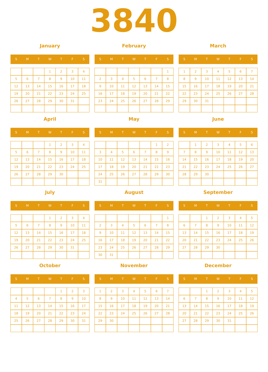 Printable 3840 Year Calendars gamboge