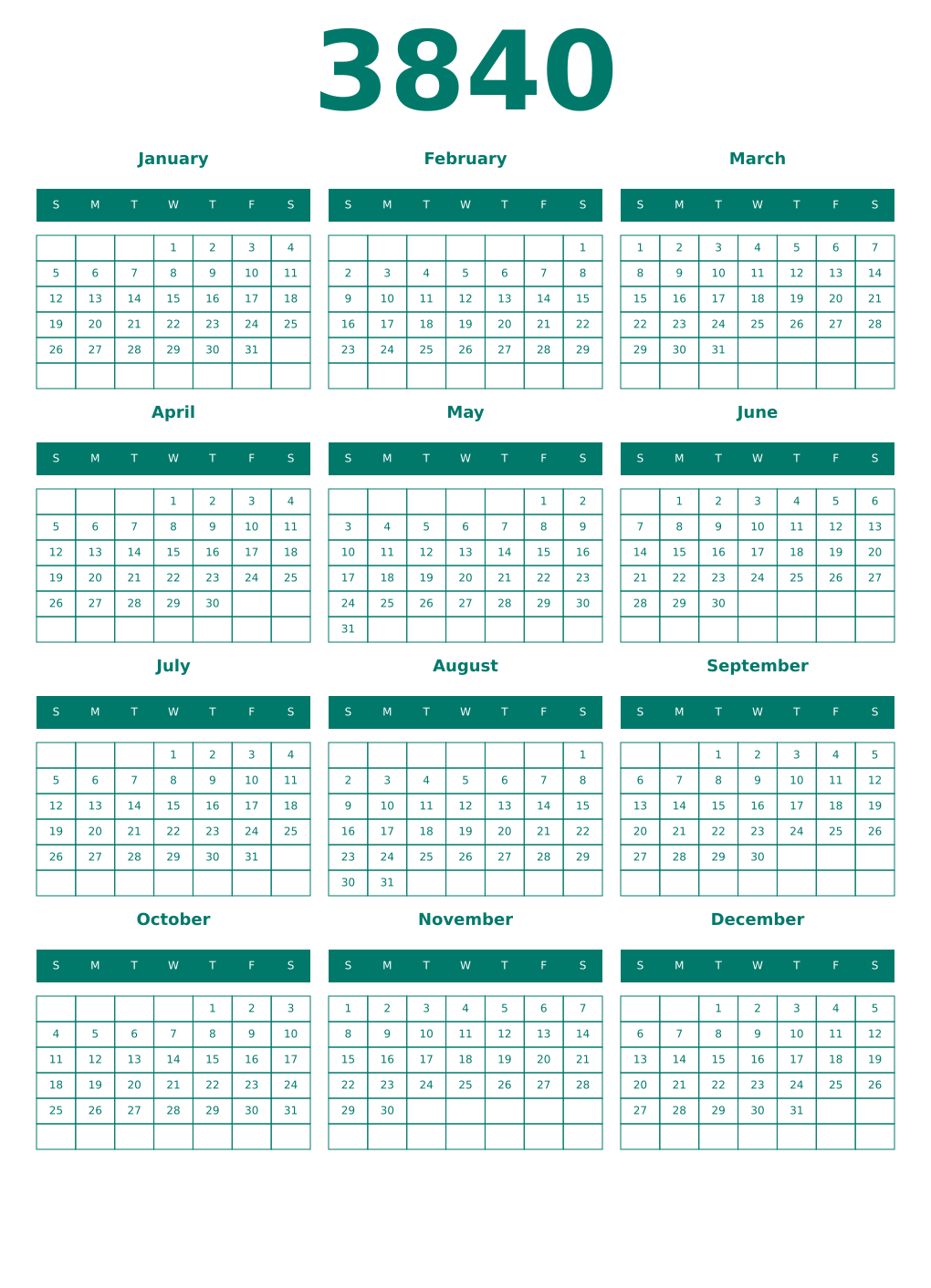 Printable 3840 Year Calendars pastel