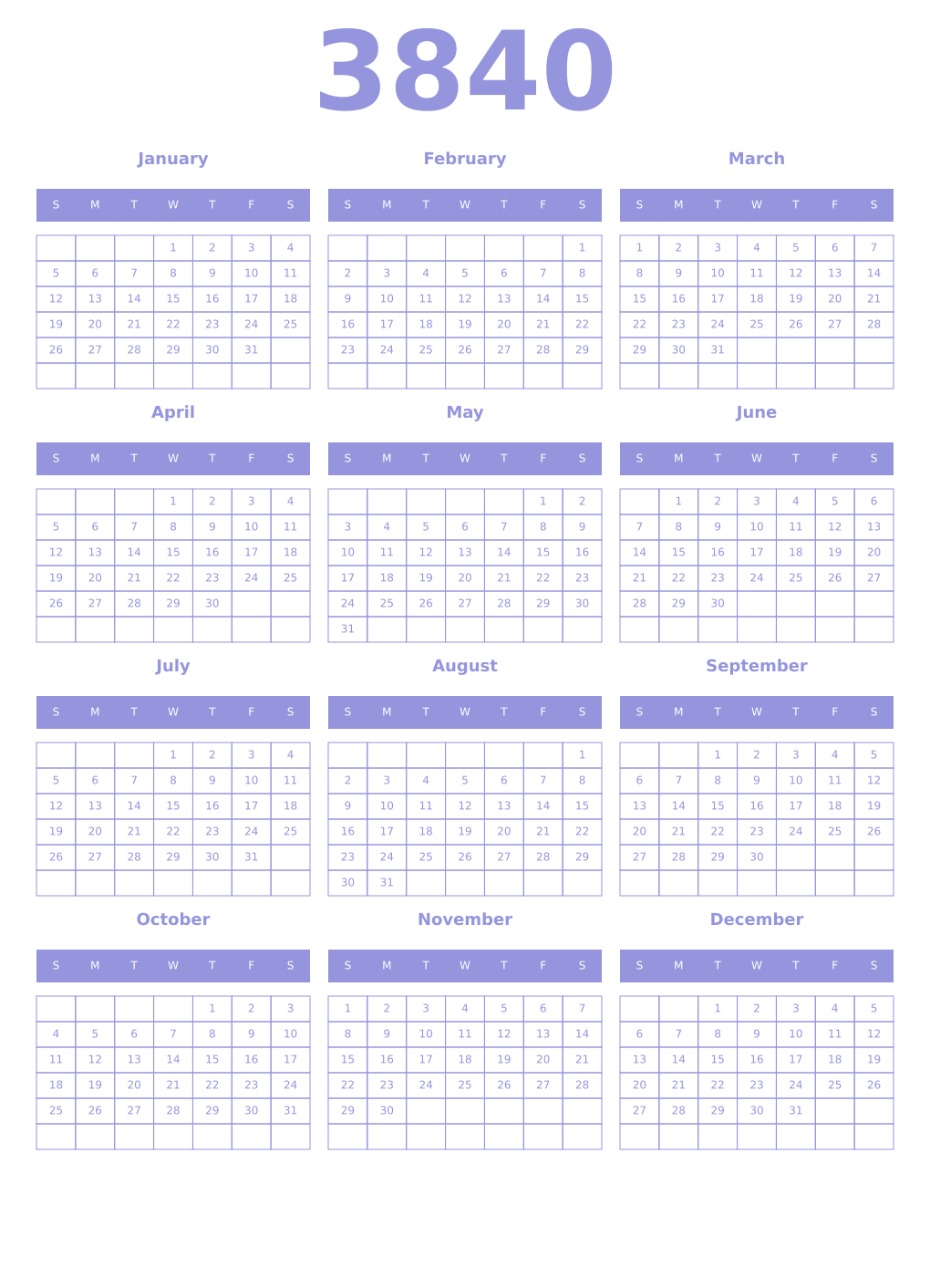 Printable 3840 Year Calendars periwinkle