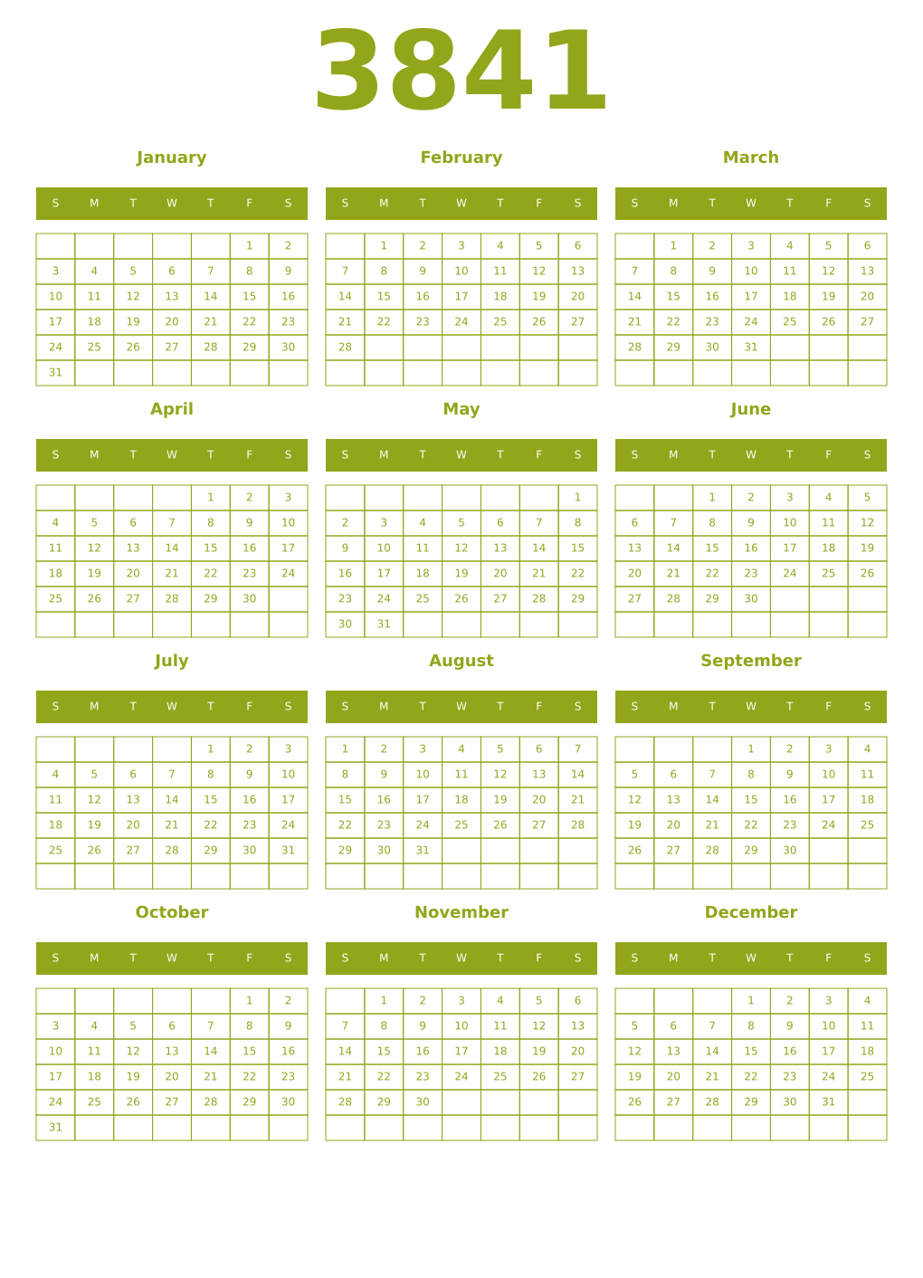 Printable 3841 Year Calendars chartreuse