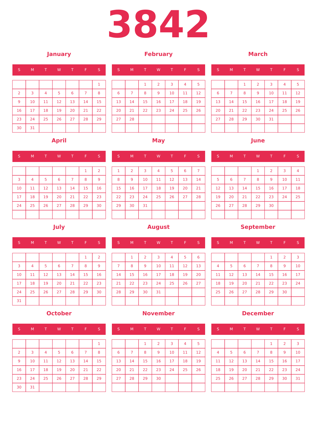 Printable 3842 Year Calendars amaranth