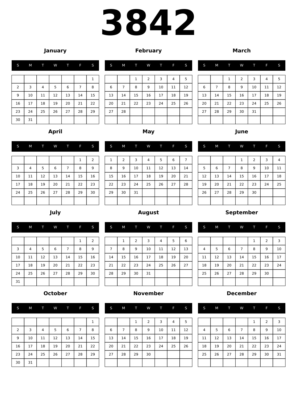Printable 3842 Year Calendars black