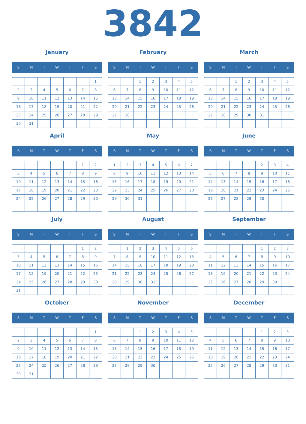 Printable 3842 Year Calendars blue