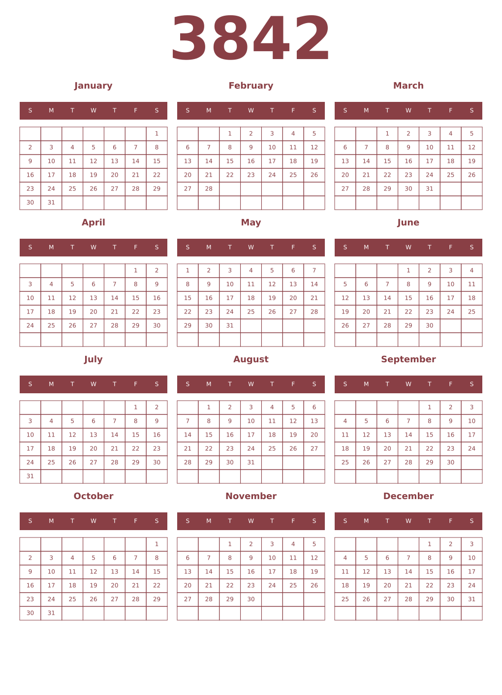 Printable 3842 Year Calendars cordovan
