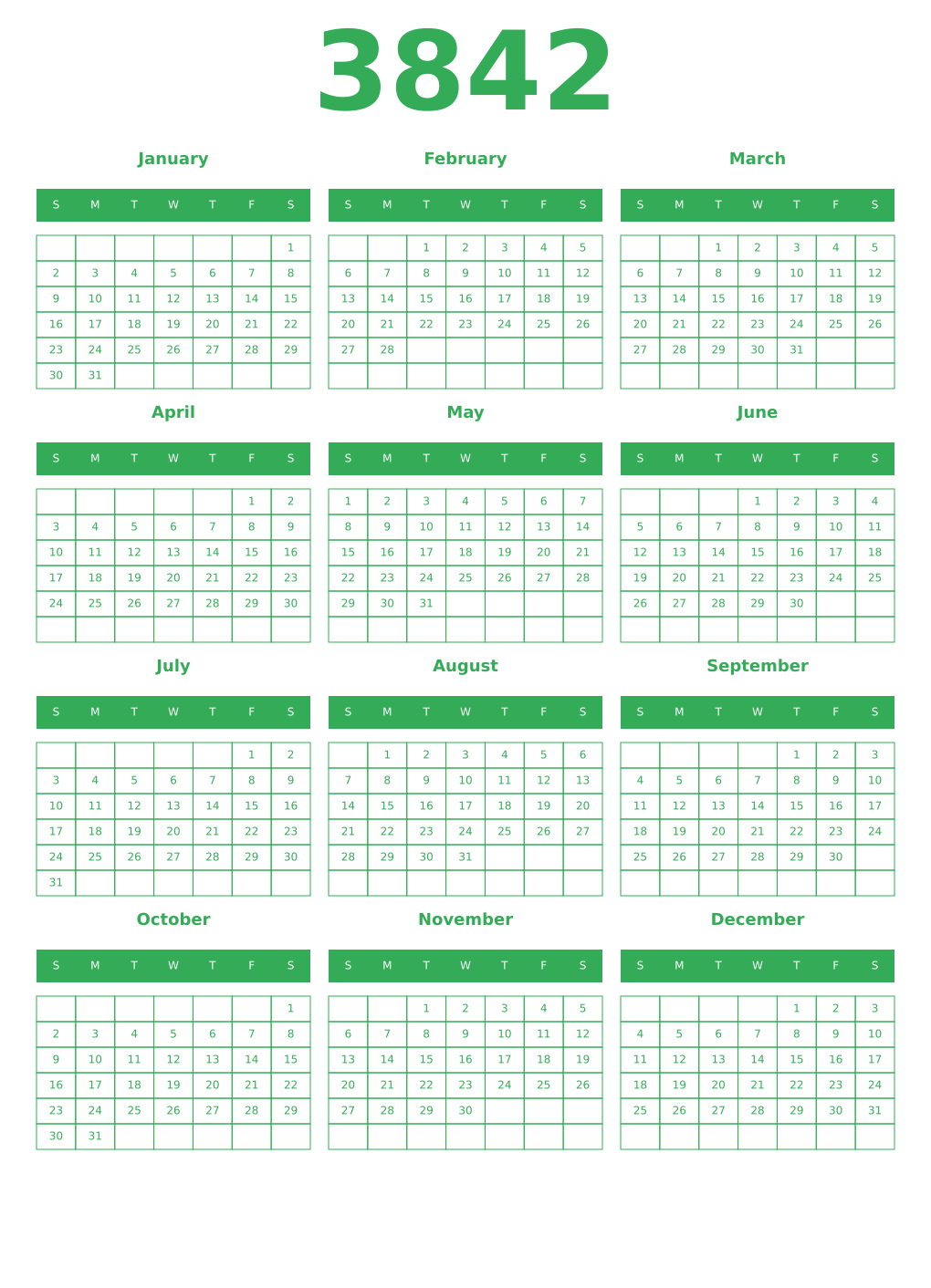 Printable 3842 Year Calendars green