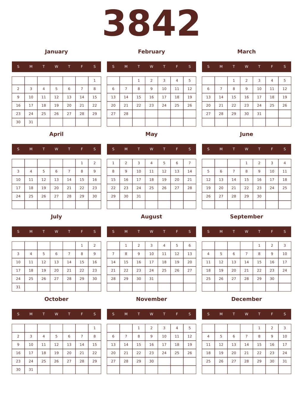 Printable 3842 Year Calendars mortuum