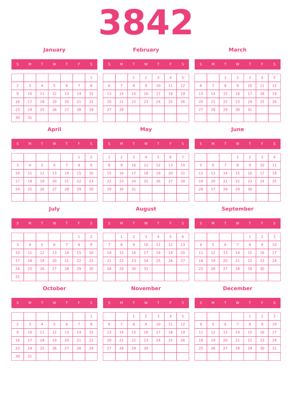 Printable 3842 Year Calendars pink