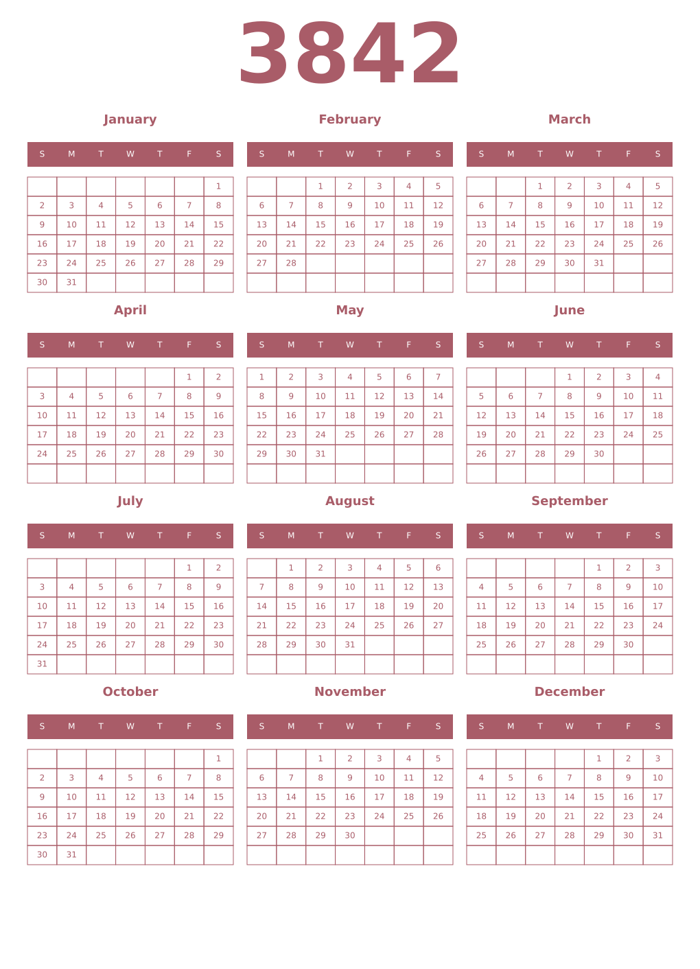 Printable 3842 Year Calendars puce