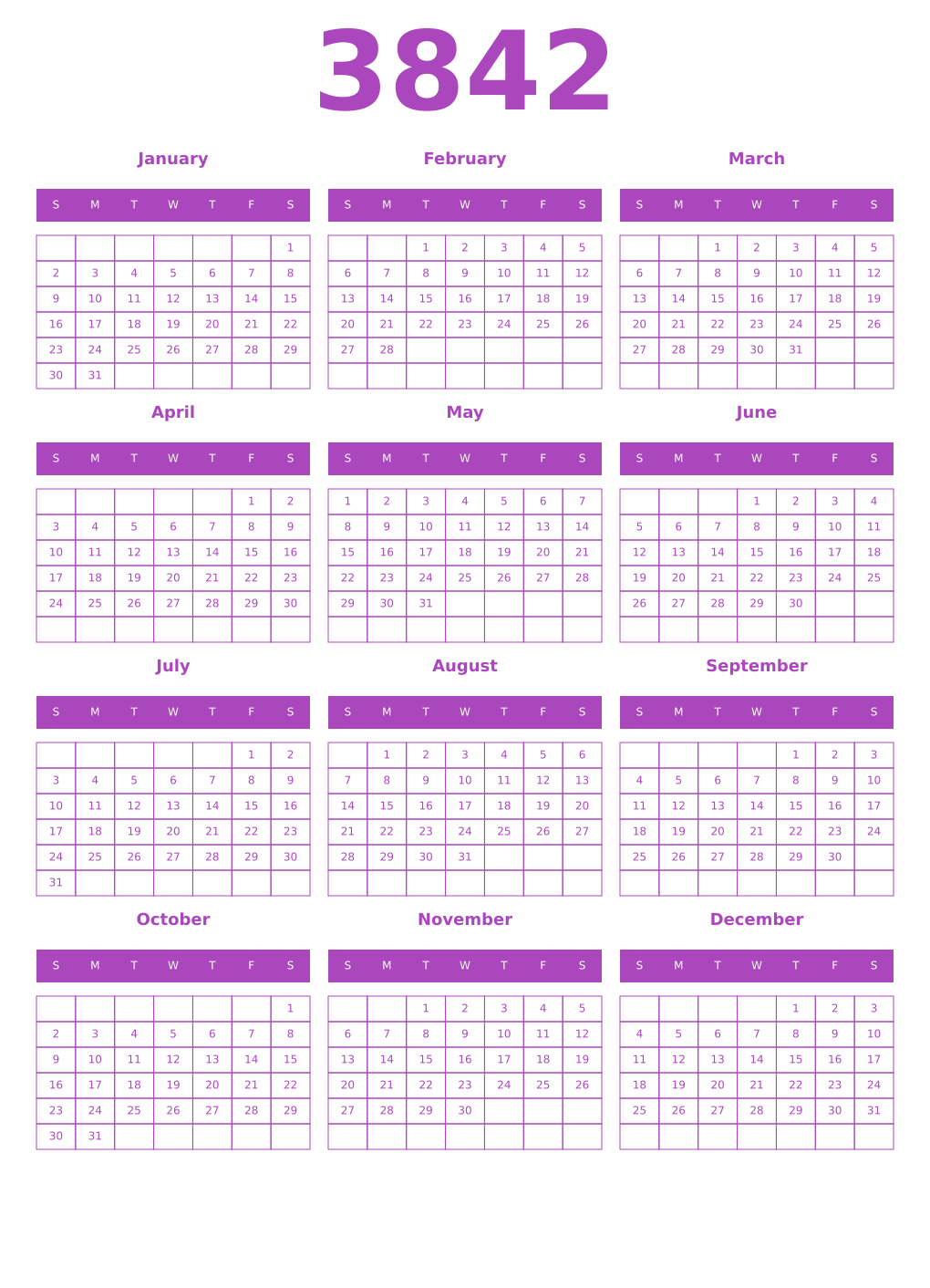 Printable 3842 Year Calendars purple