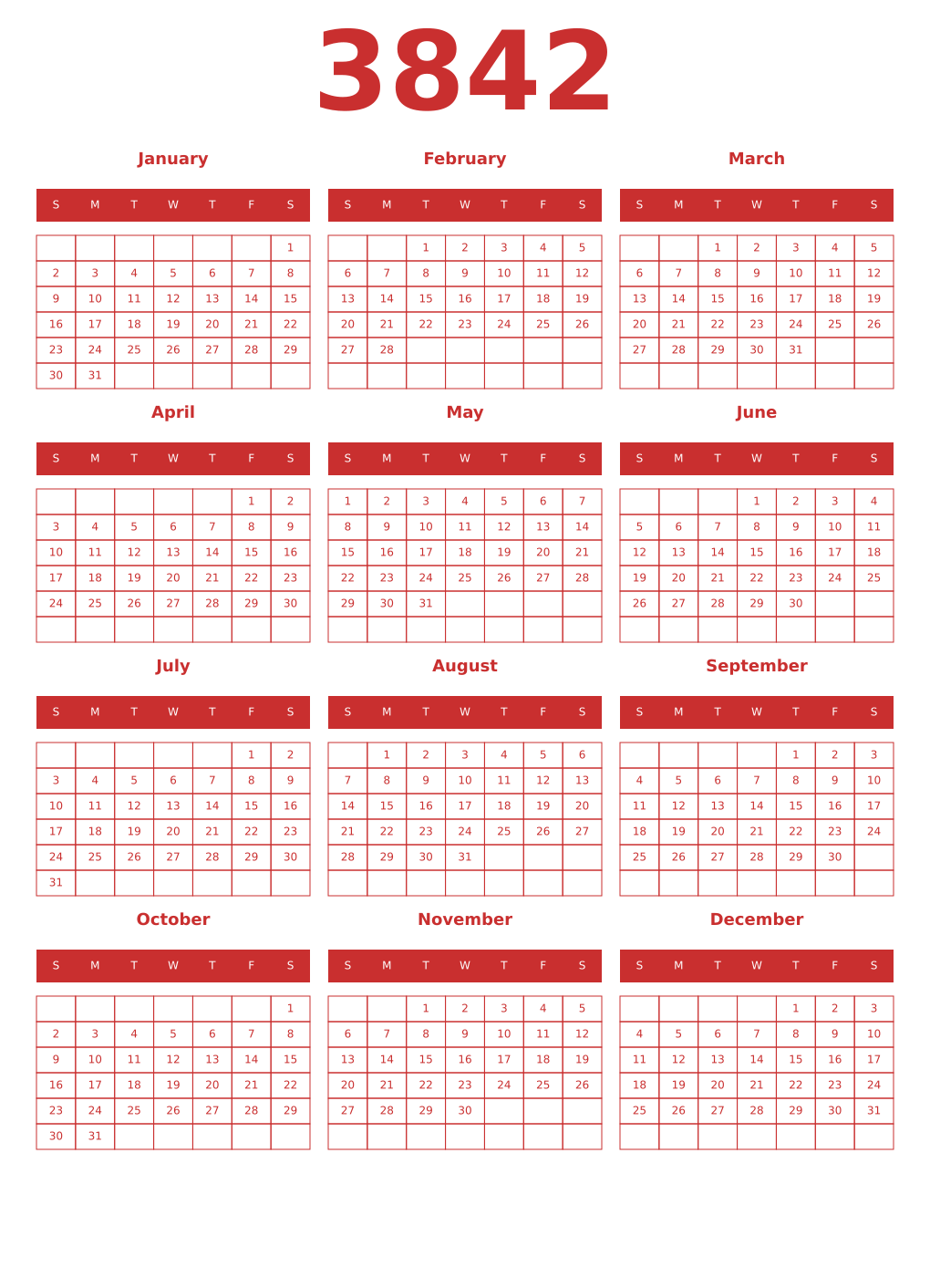 Printable 3842 Year Calendars red