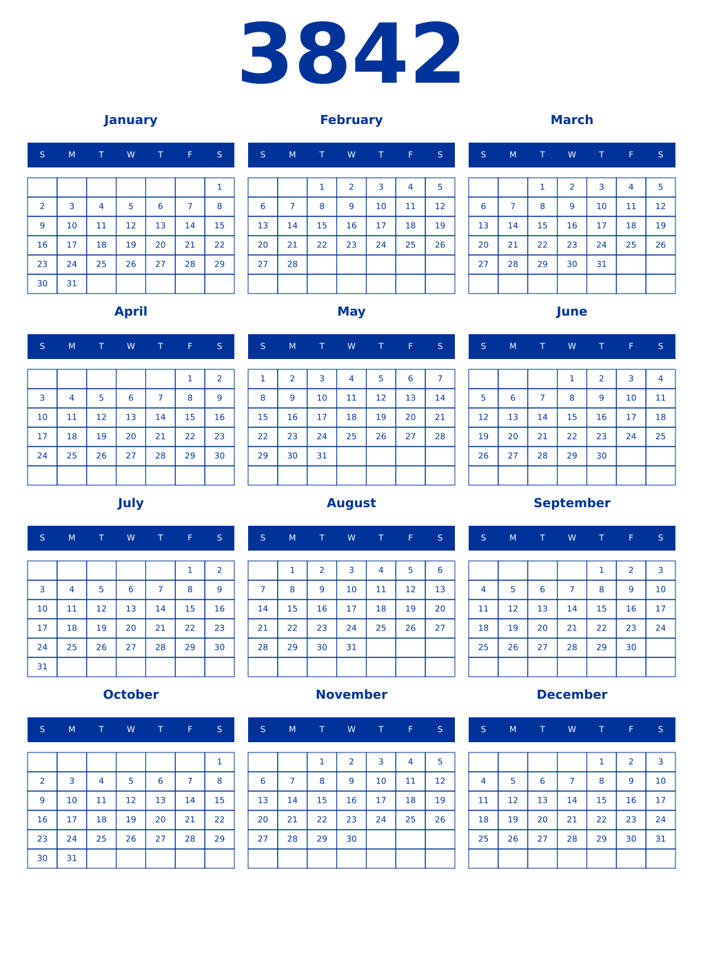 Printable 3842 Year Calendars smalt
