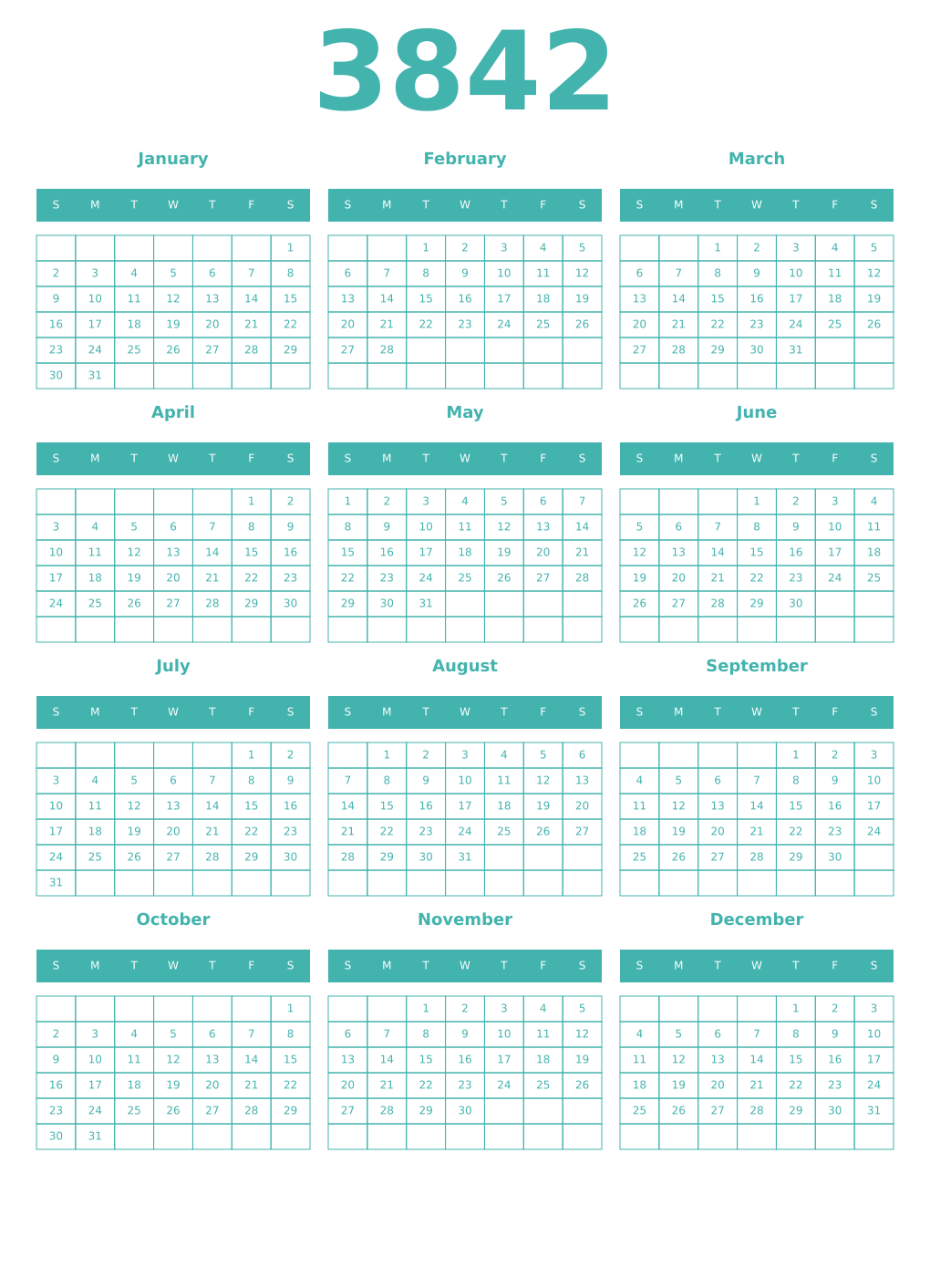 Printable 3842 Year Calendars verdigris
