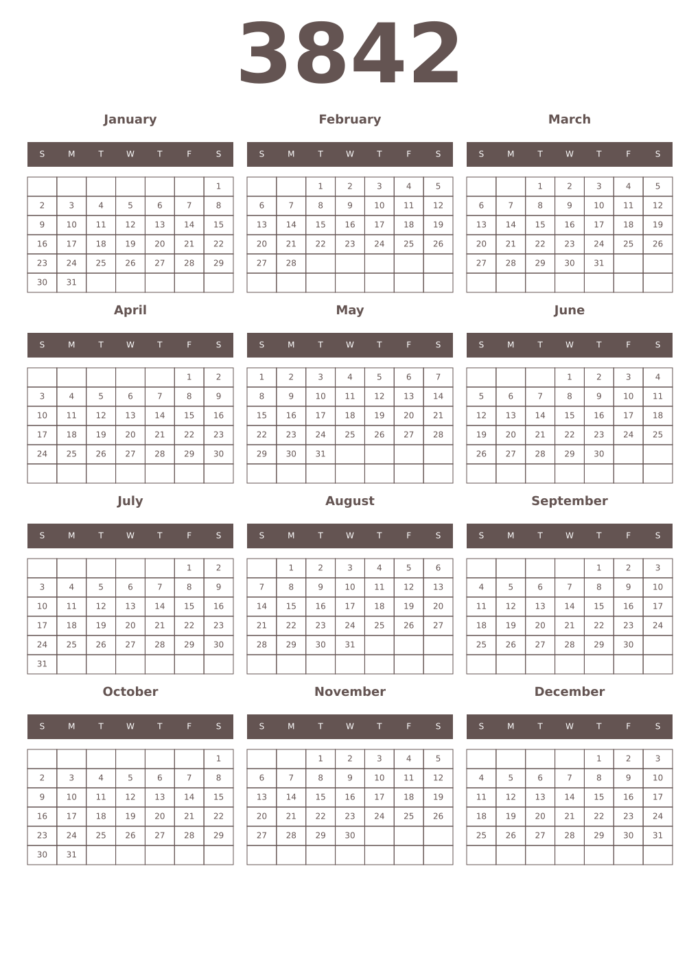 Printable 3842 Year Calendars wenge