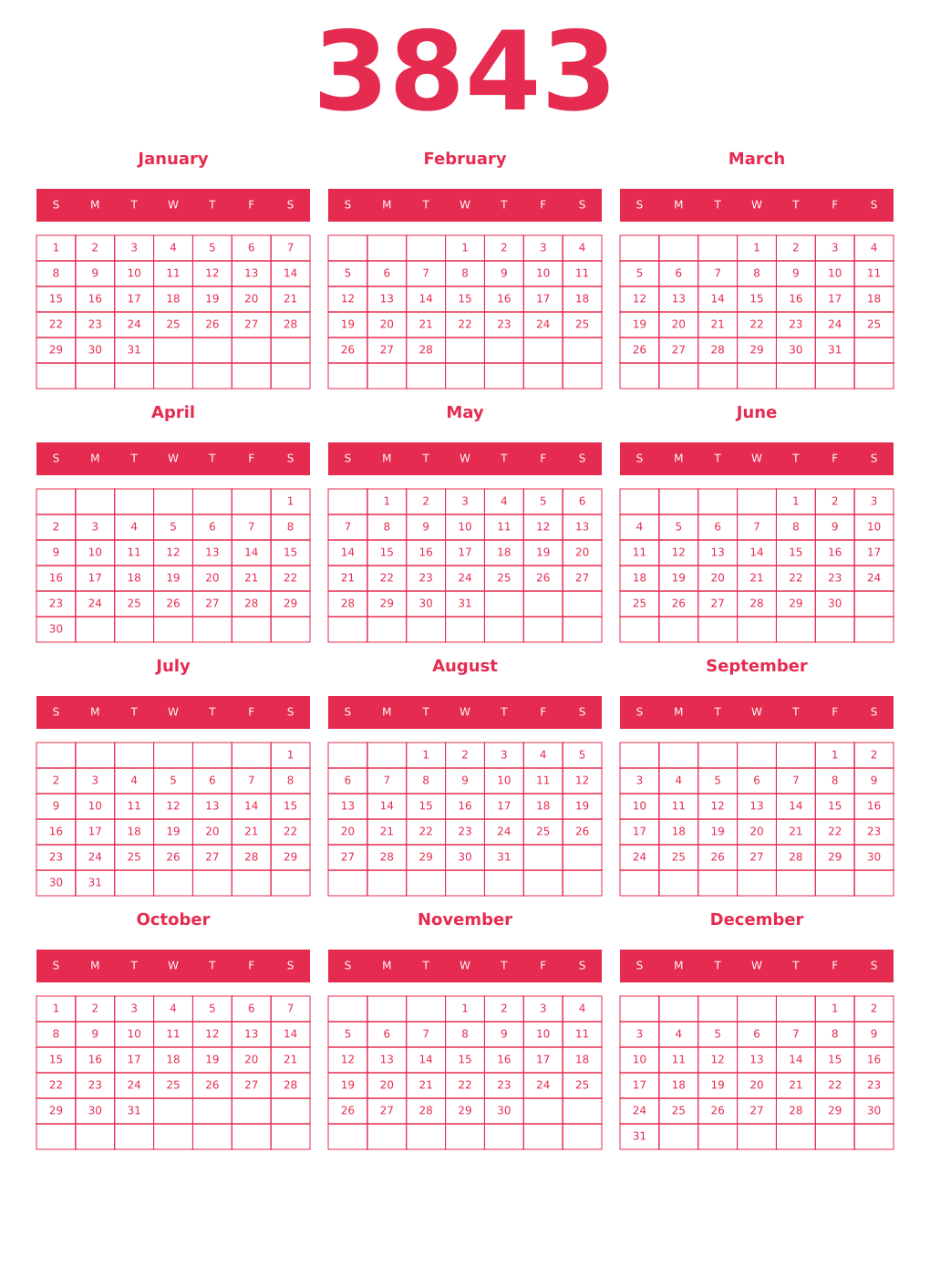 Printable 3843 Year Calendars amaranth