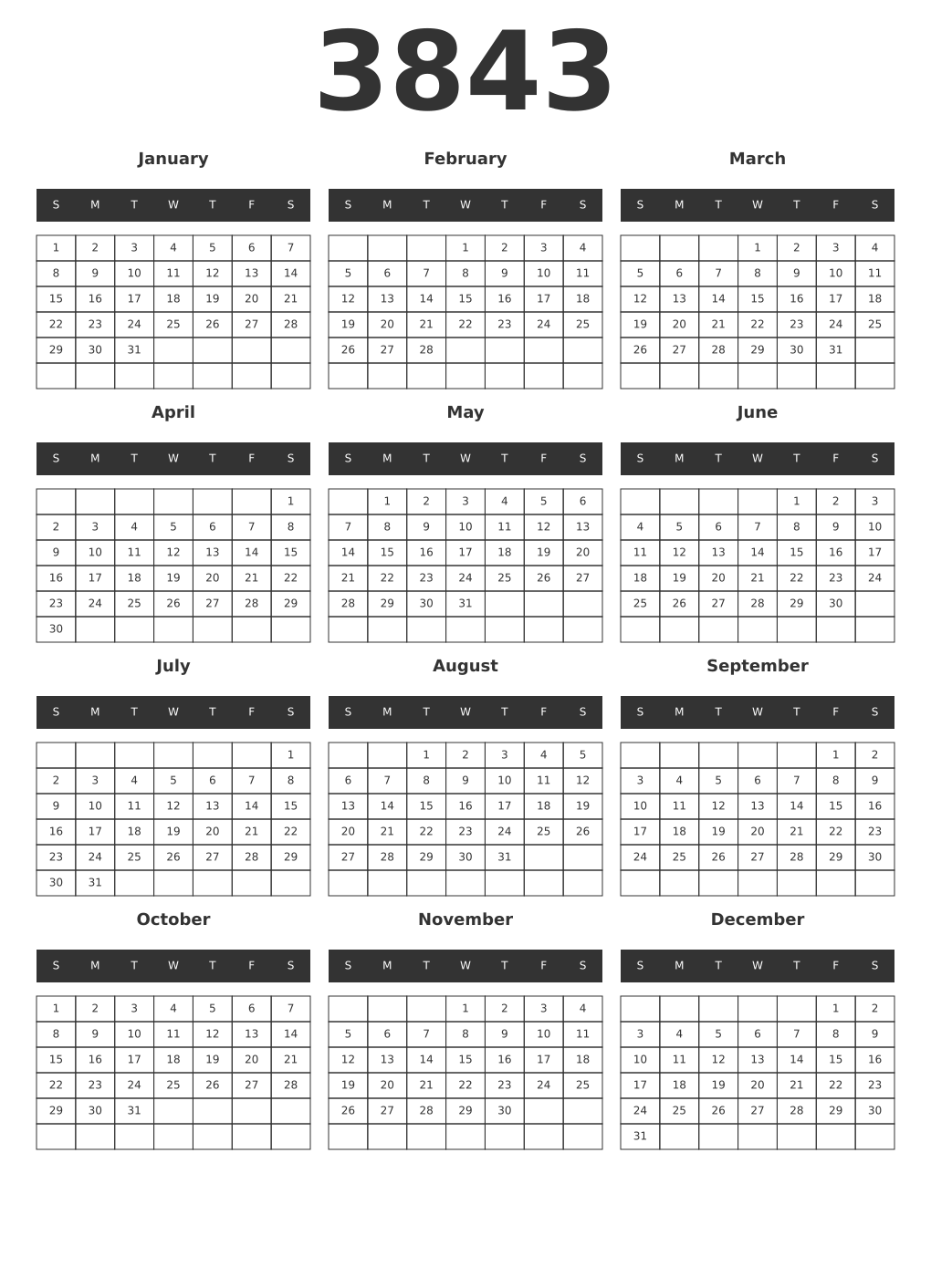 Printable 3843 Year Calendars dark