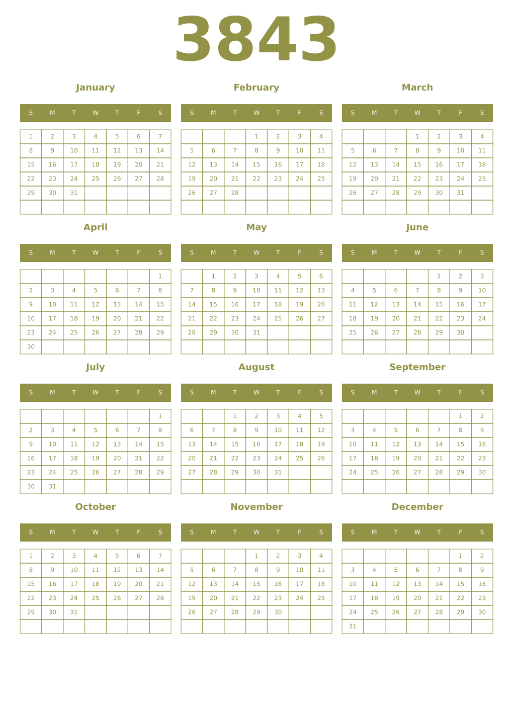 Printable 3843 Year Calendars eburnean