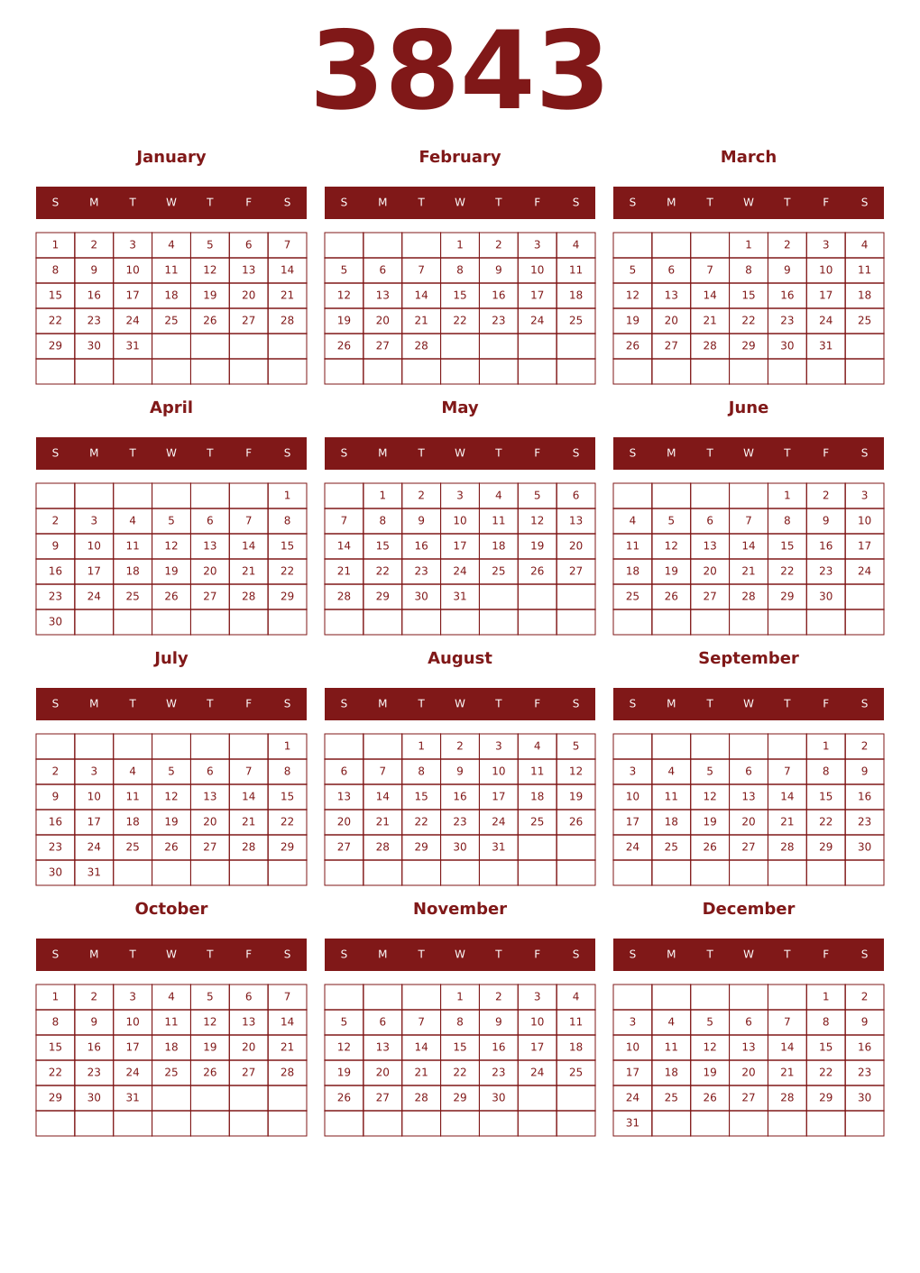 Printable 3843 Year Calendars falu