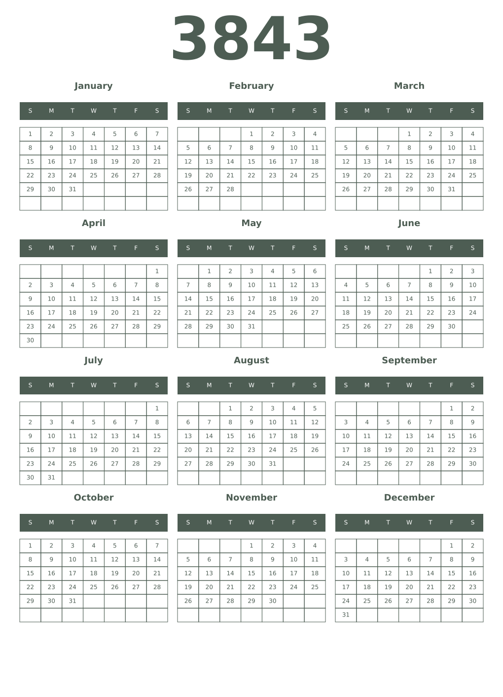 Printable 3843 Year Calendars feldgrau