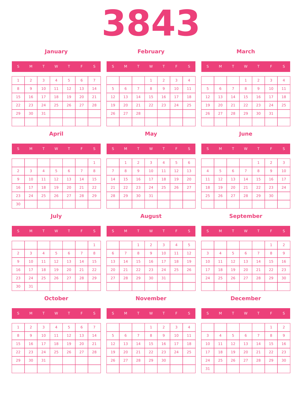 Printable 3843 Year Calendars pink
