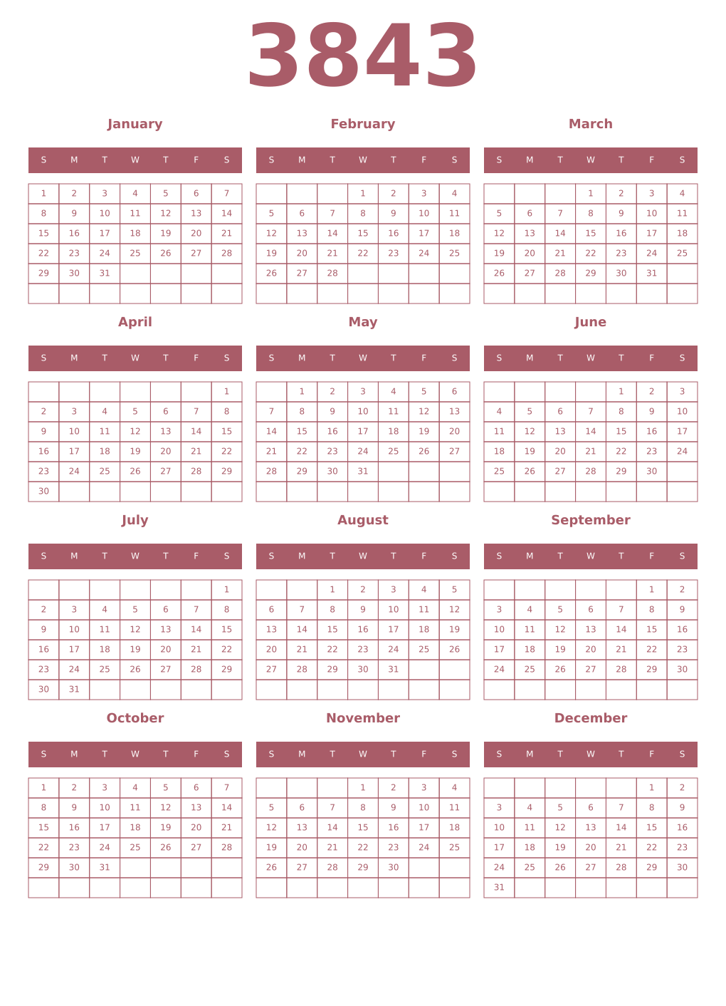 Printable 3843 Year Calendars puce