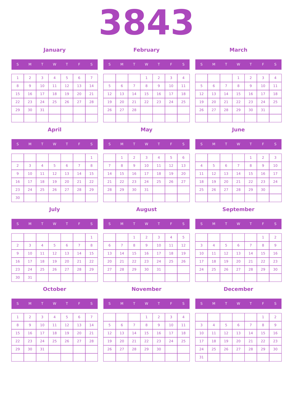 Printable 3843 Year Calendars purple