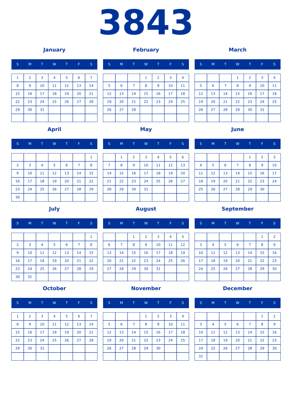 Printable 3843 Year Calendars smalt