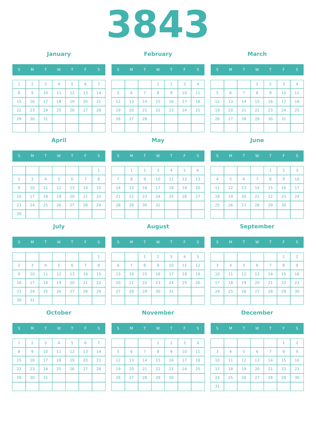 Printable 3843 Year Calendars verdigris