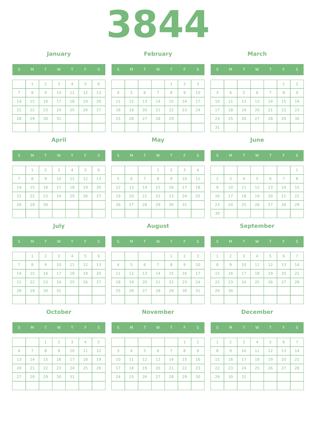Printable 3844 Year Calendars celadon
