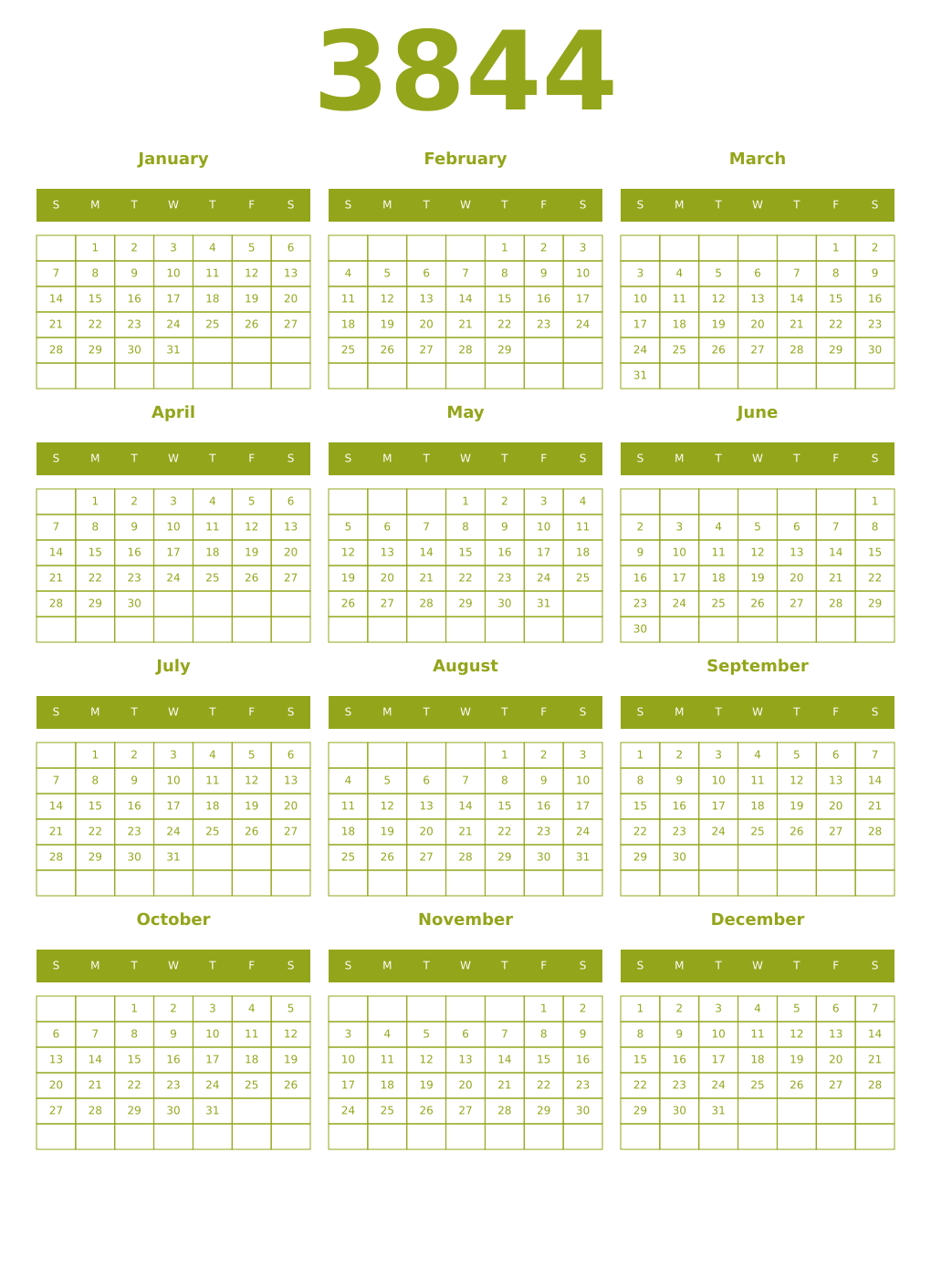 Printable 3844 Year Calendars chartreuse