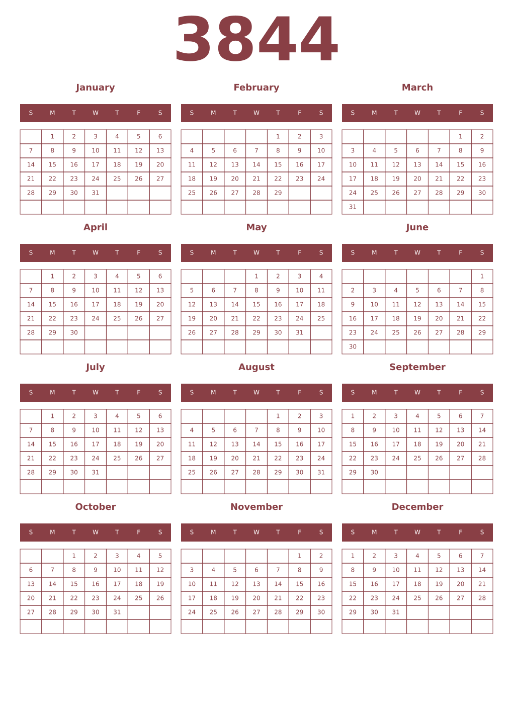 Printable 3844 Year Calendars cordovan