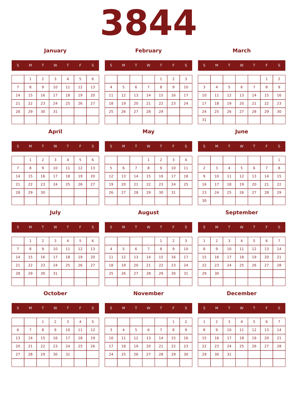 Printable 3844 Year Calendars falu