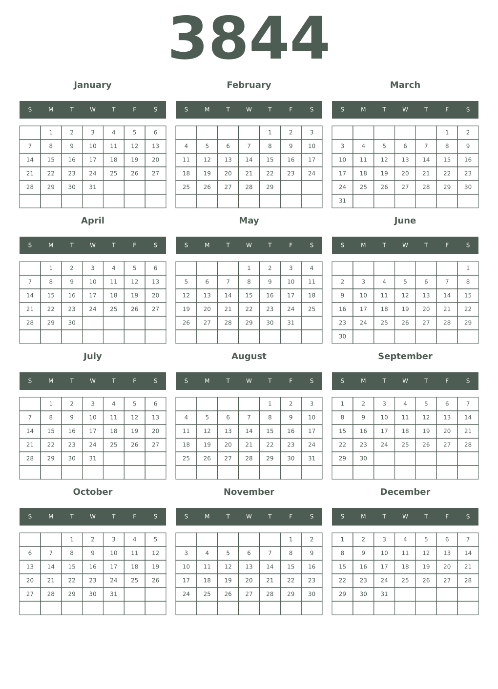 Printable 3844 Year Calendars feldgrau