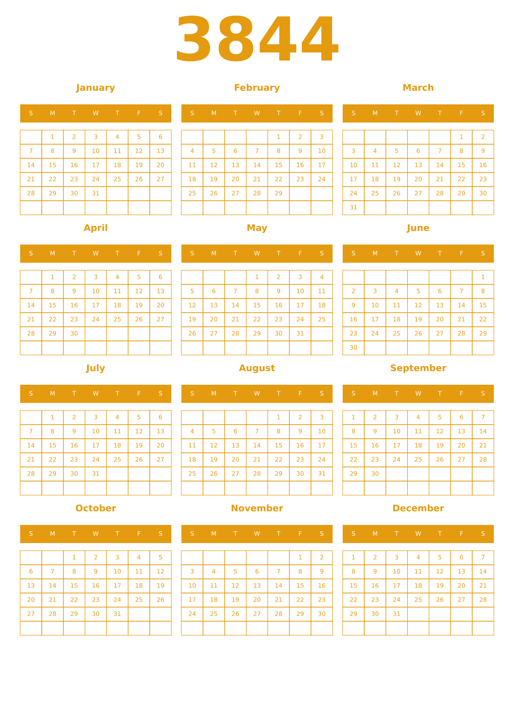 Printable 3844 Year Calendars gamboge