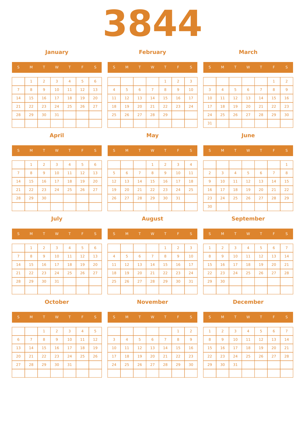 Printable 3844 Year Calendars orange