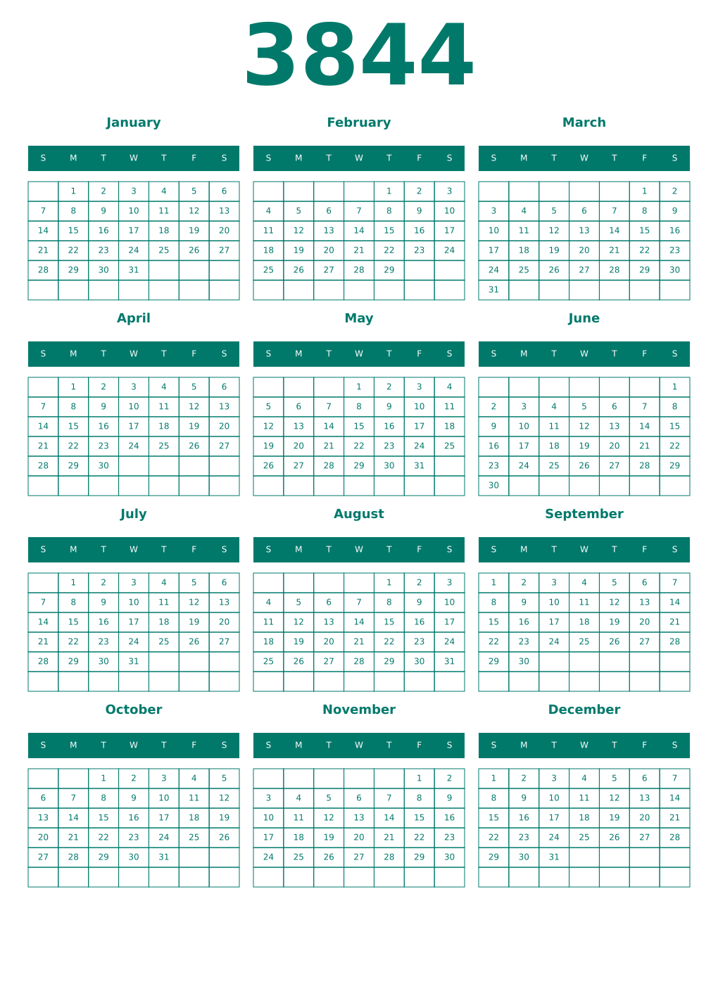 Printable 3844 Year Calendars pastel