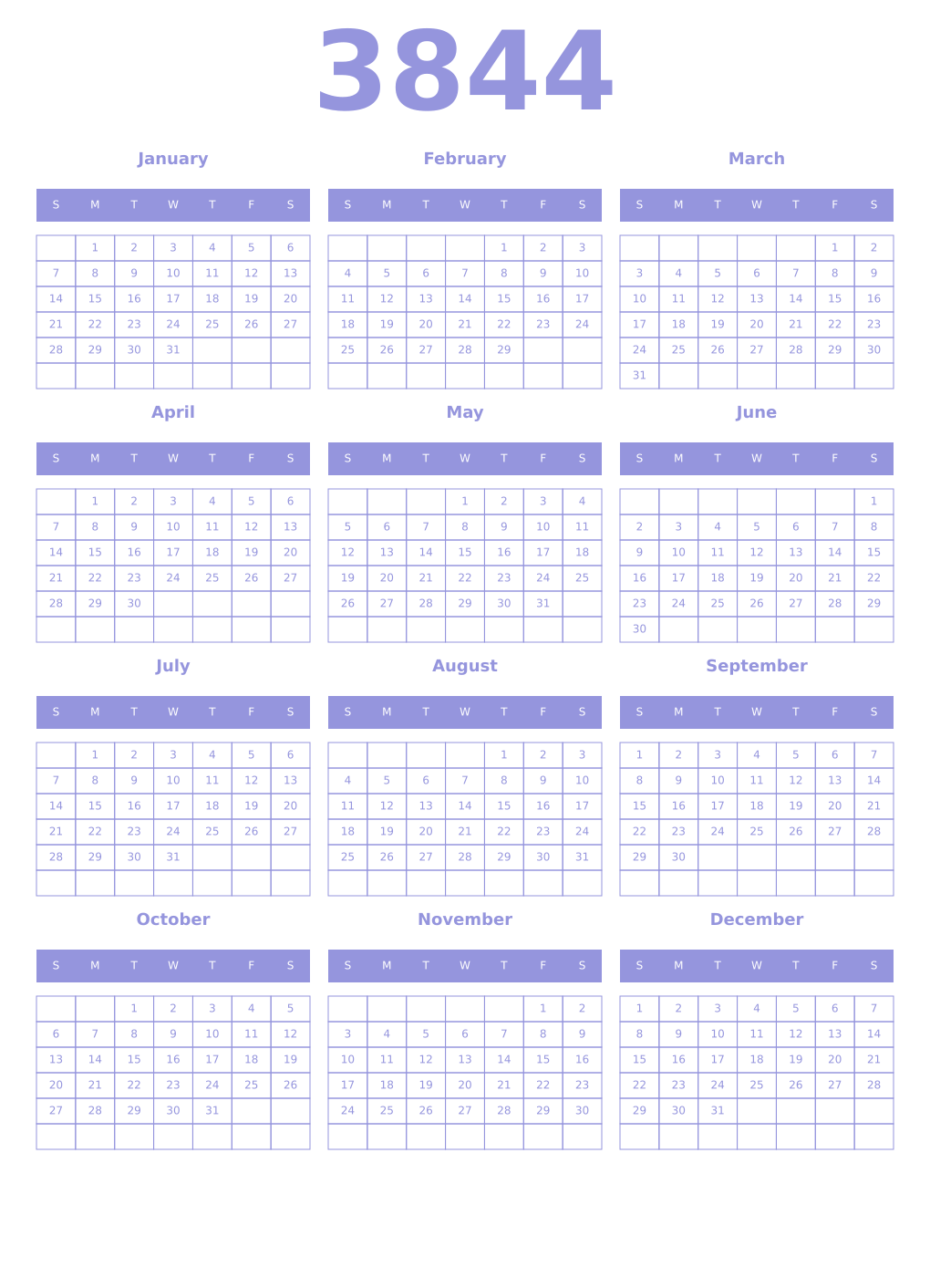 Printable 3844 Year Calendars periwinkle