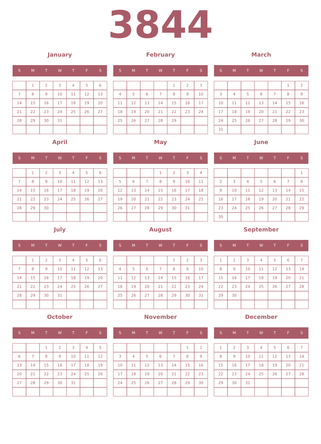 Printable 3844 Year Calendars puce
