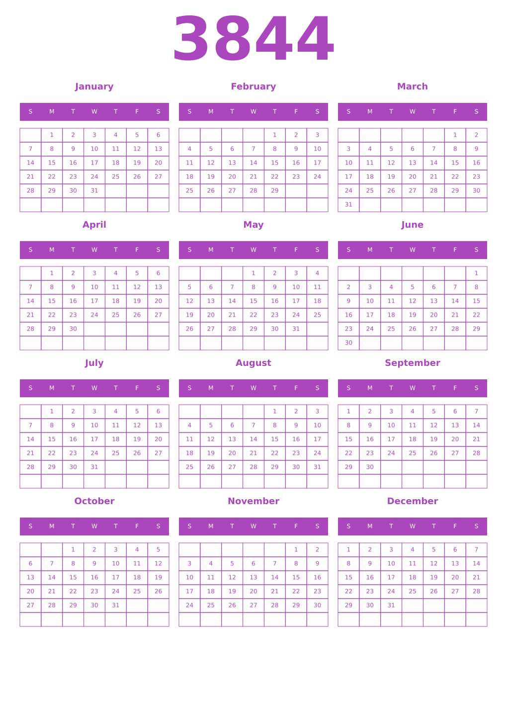 Printable 3844 Year Calendars purple