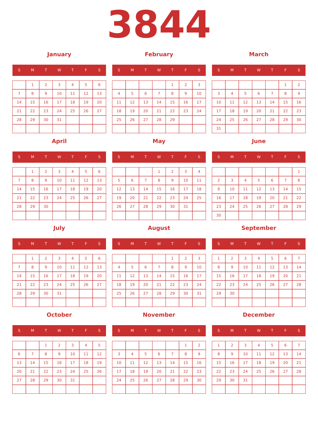 Printable 3844 Year Calendars red