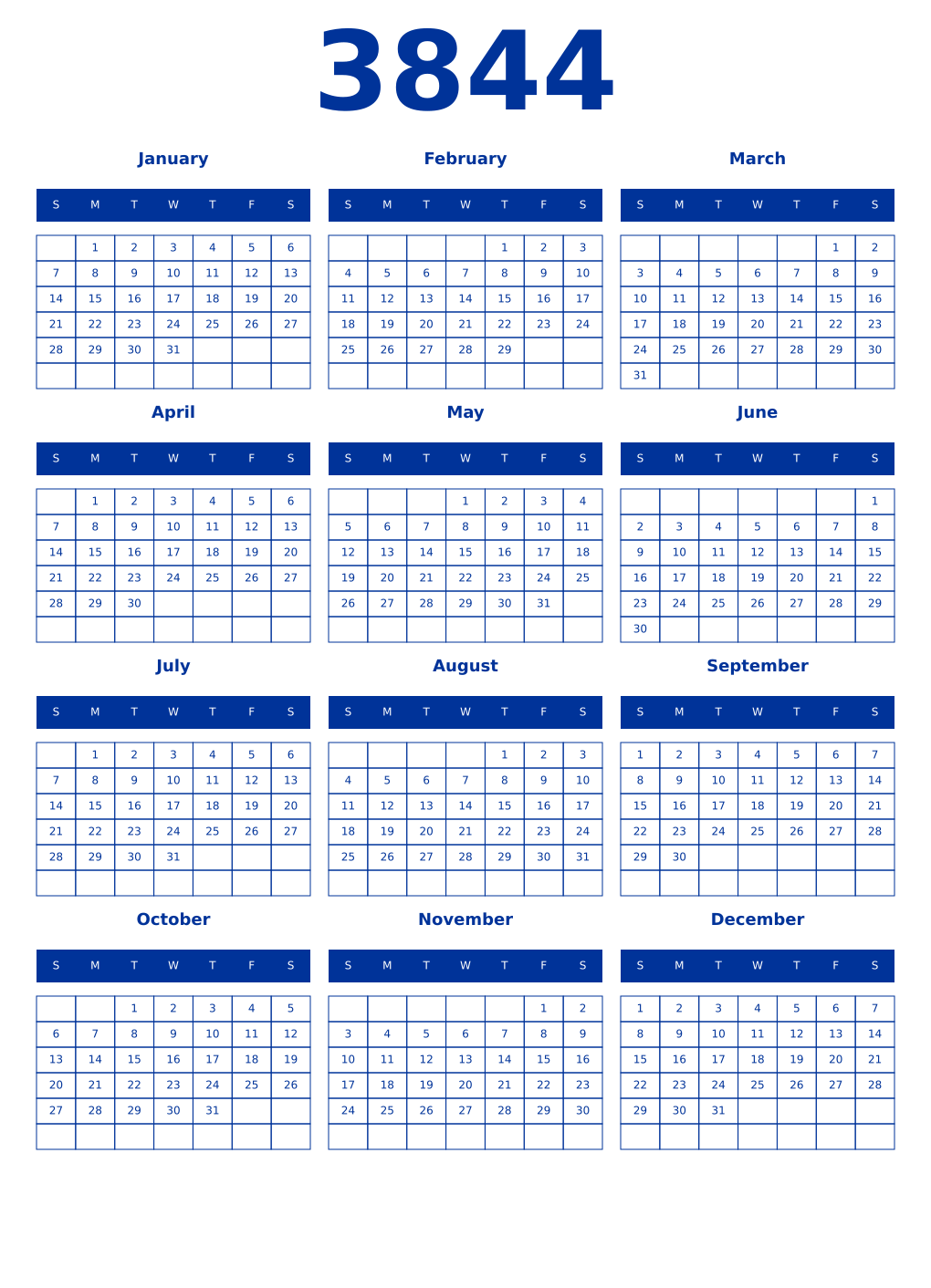 Printable 3844 Year Calendars smalt