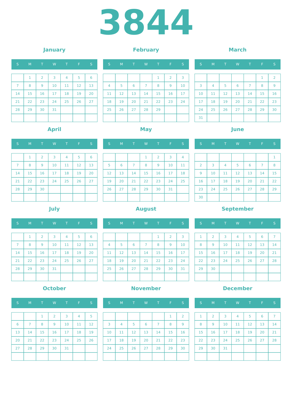 Printable 3844 Year Calendars verdigris