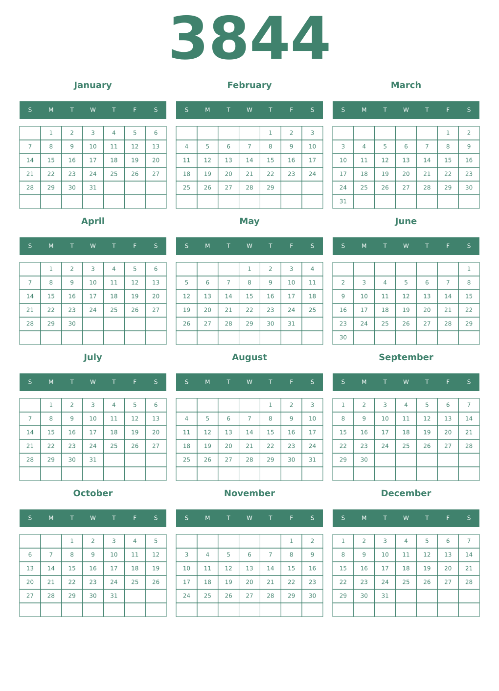 Printable 3844 Year Calendars viridian