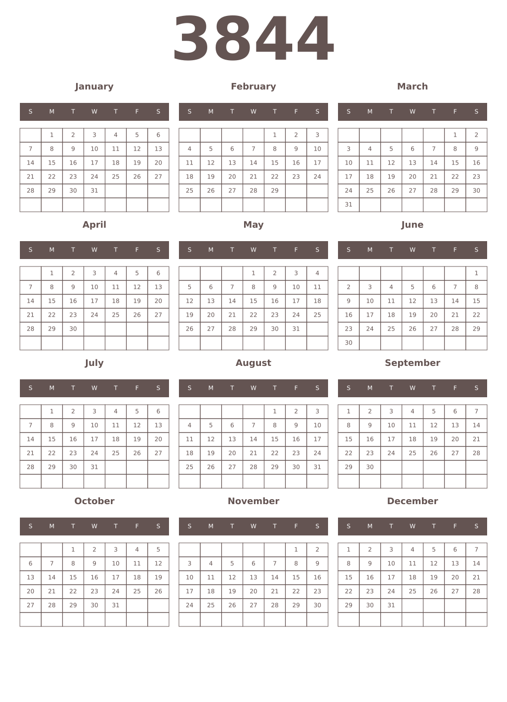 Printable 3844 Year Calendars wenge