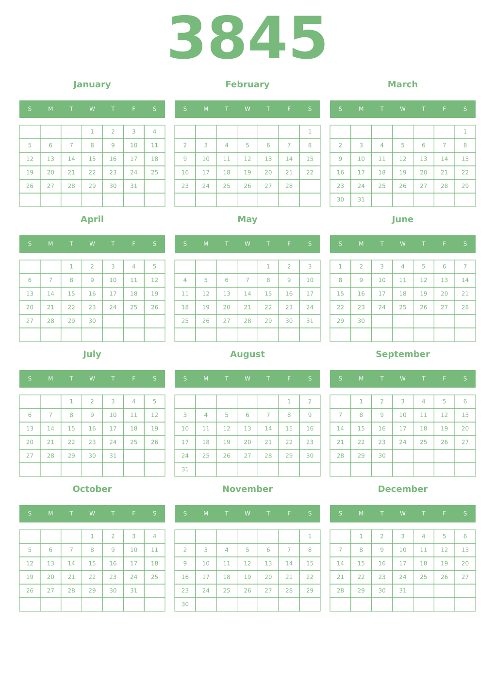 Printable 3845 Year Calendars celadon