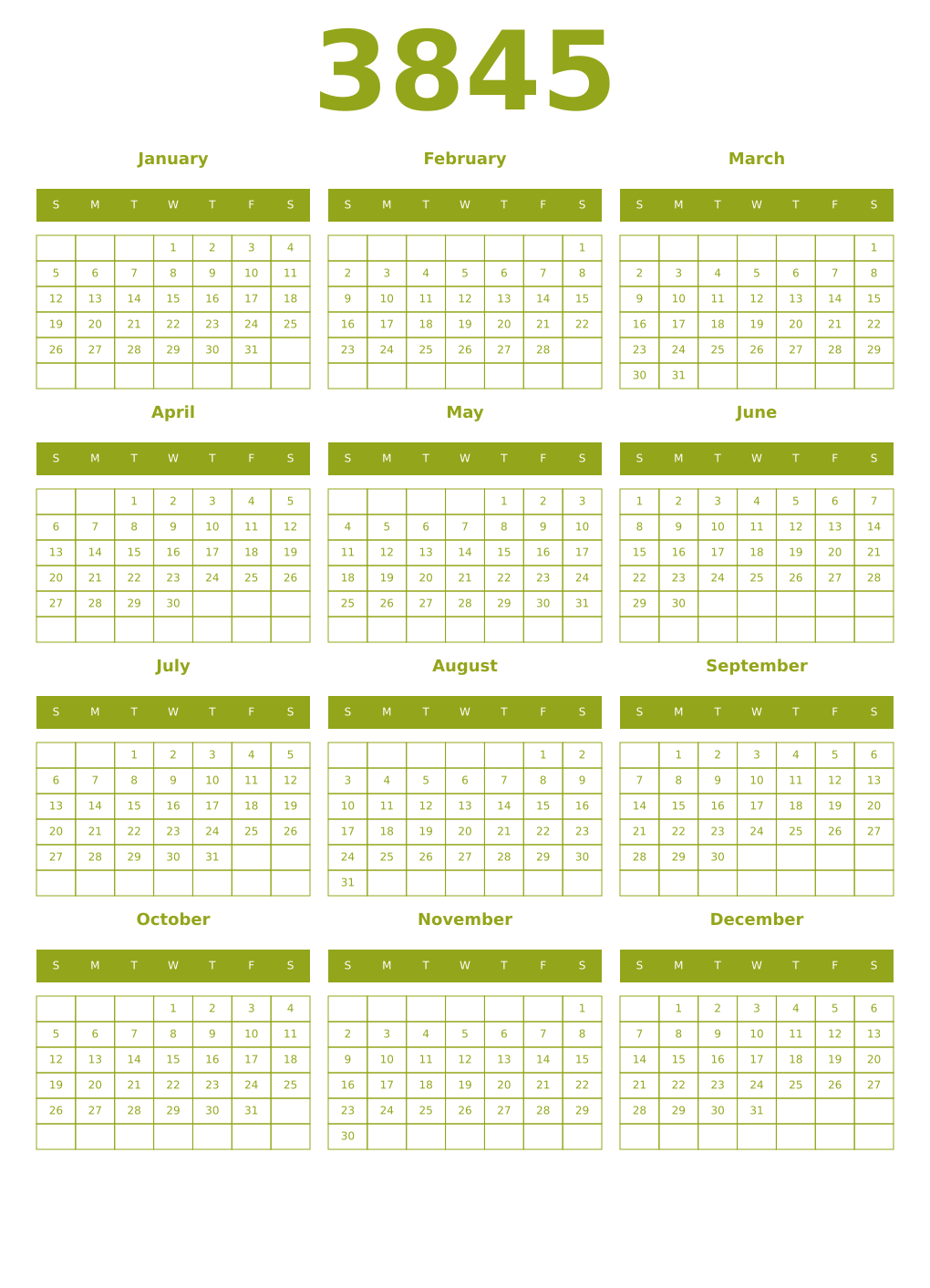 Printable 3845 Year Calendars chartreuse