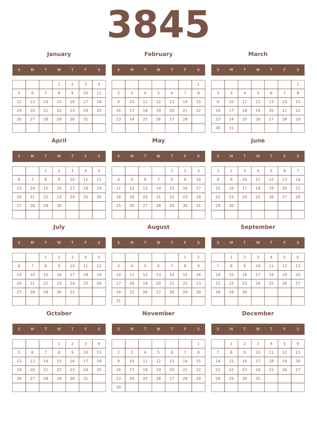Printable 3845 Year Calendars coffe