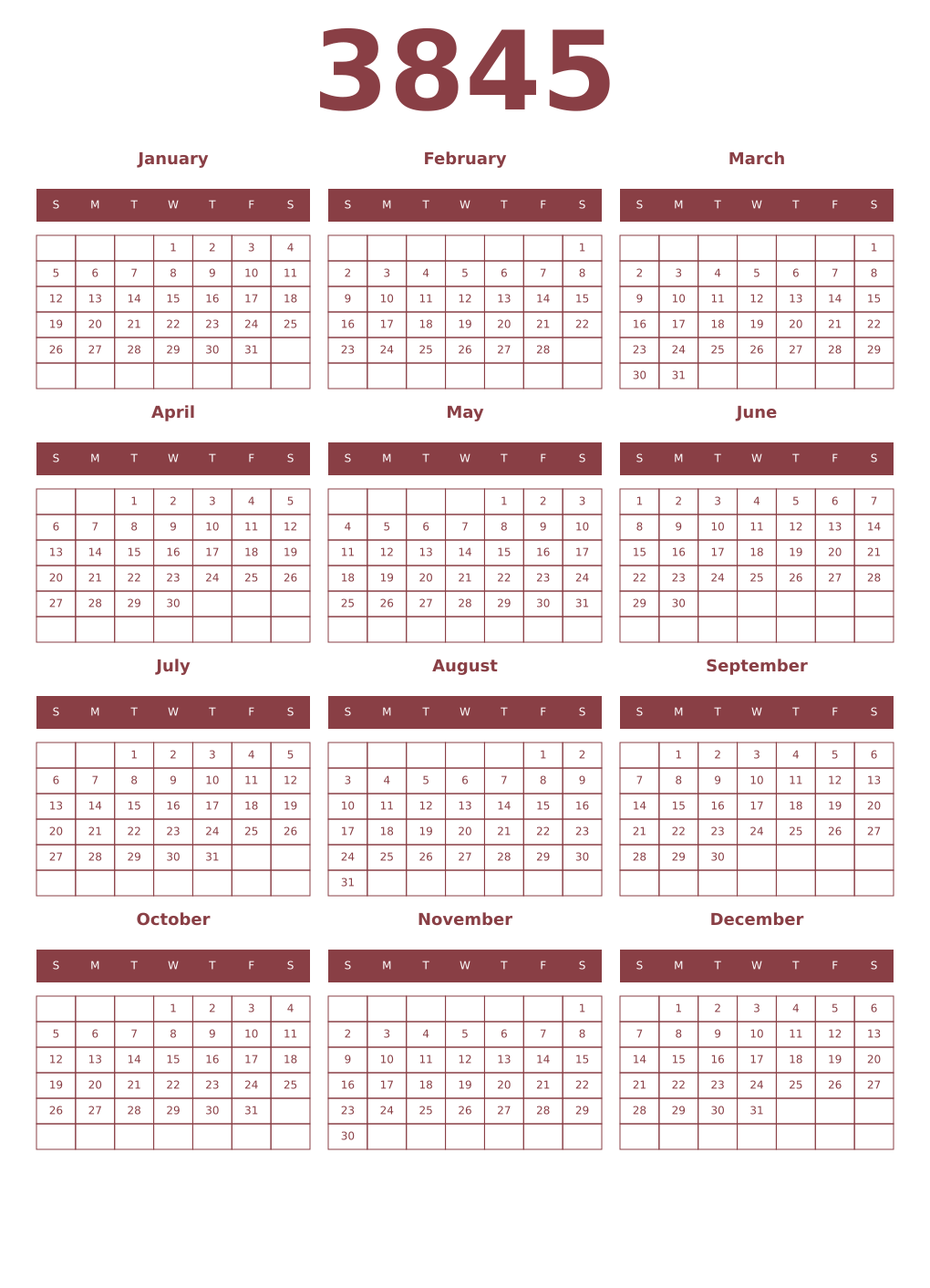 Printable 3845 Year Calendars cordovan